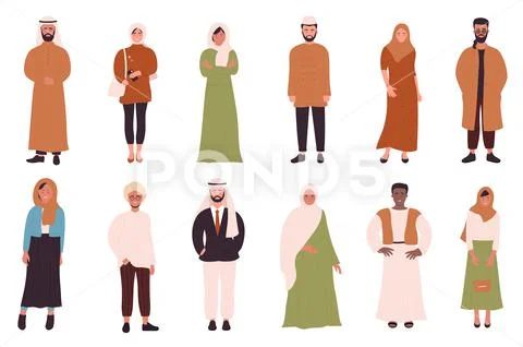 Muslims people set with cartoon flat happy young Muslim man woman ...