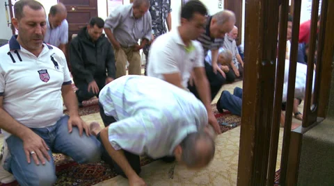 Muslims pray inside a mosque in Beirut, Lebanon. Stock Footage