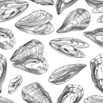 Mussel hand drawn seamless pattern, monochrome sketch vector illustration on 스톡 일러스트