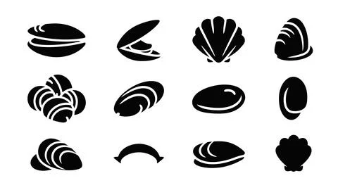 Mussel shells icon set, black silhouette bivalve mollusks, flat vector illu.. イラスト素材
