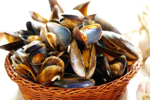 Mussels in basket Stock Photos