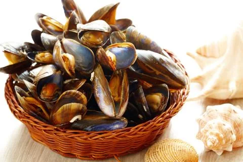 Mussels in basket Stock Photos