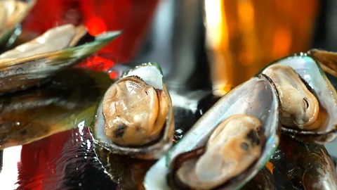 Mussels  fall on a table with water,SLOW MOTION,4k, phantom Stock Footage 114976467