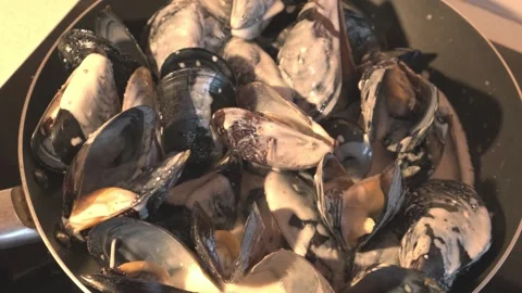 Mussels in flaps cooked in frying pan Stock Footage 313891111