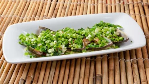 Mussels   soya sauce Stockfoto's