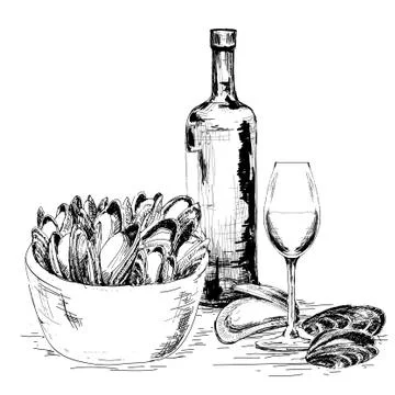 Mussels with wine Stock Illustration