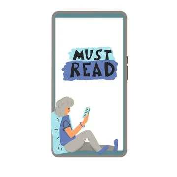 Must read emblem. Handsome boy sitting and using a tablet on the phone screen Stock Illustration