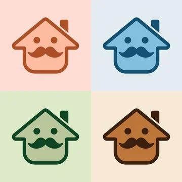Mustache house logo with friendly face minimalist home icon design flat vec.. Stock Illustration