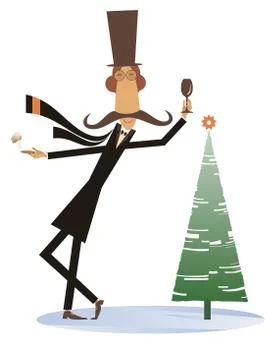 Mustache man in the top hat keeps Christmas and New Year day Stock Illustration
