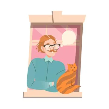 Mustached Man in Glasses in Open Window with Cat Vector Illustration Ilustración de archivo