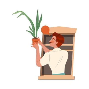Mustached Man in Open Window Talking to Neighbor Holding Flowerpot Vector Ilustración de archivo
