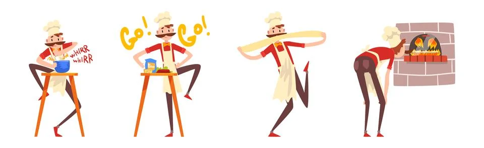 Mustached Man Pizza Maker Preparing Italian Pizza Vector Set Stock Illustration