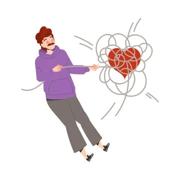Mustached Man Pulling Entangled Around Heart Rope Having Relationship Problems Stock Illustration
