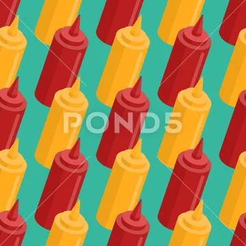 Mustard and ketchup bottle seamless pattern. Fast food seasoning background.. Stock Illustration