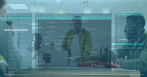 Mustard-jacket man reaching for paper, passing fabric swatches, code overlay Stock Footage 331045602