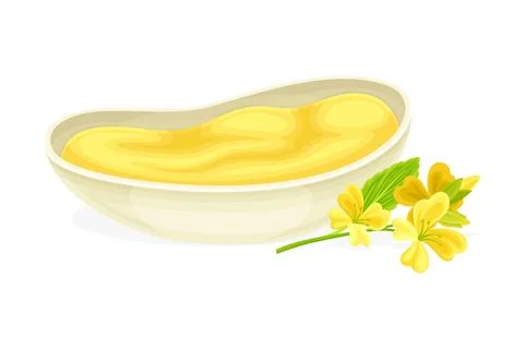 Mustard Yellow Paste or Sauce in Bowl and Blossom Vector Illustration Illustrazione stock