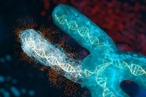 Mutation of chromosome with dark background, 3d rendering. Illustrazione stock