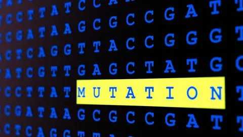A "MUTATION" word and DNA base pair letters (A, T, C, G) as a background Stock Illustration