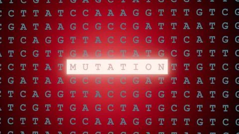 A "MUTATION" word and DNA base pair letters (A, T, C, G) as a background Stock Illustration
