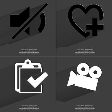 Mute, Heart with plus, Task completed, Film camera icon sign. Set of Symbols  Illustrazione stock