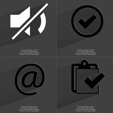 Mute, Tick sign, mail, Task completed icon. Symbols with long shadow. Flat desig Stock Illustration