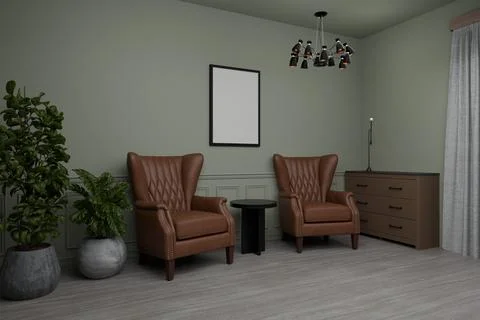 A muted green room with two leather armchairs, a framed poster, and a dark .. Stock Illustration
