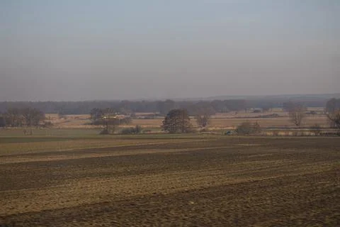 Muted plowed fields with distant trees Stock Photos