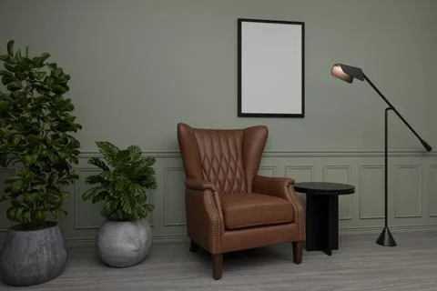 A muted sage-green room, featuring a brown leather wingback chair, potted p.. Stock Illustration