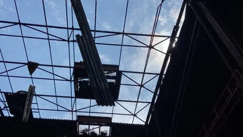 Mutilated by military shells, hangar explosions in Ukraine, after shelling Stock Footage 246502694