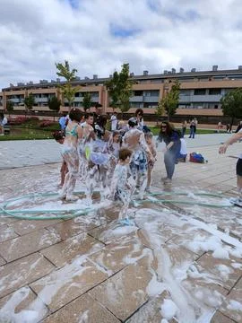 Mutilva neighborhood festivities Navarre, Spain,  children's foam dance section Stock Photos