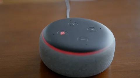 Muting and Unmuting Amazon Echo Dot Smart Speaker Extreme Close Up Vidéo 99734640