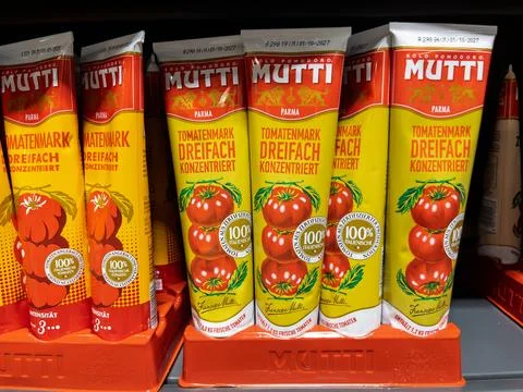 Mutti Tomato Paste in Squeeze Tubes on Store Shelf Stock Photos