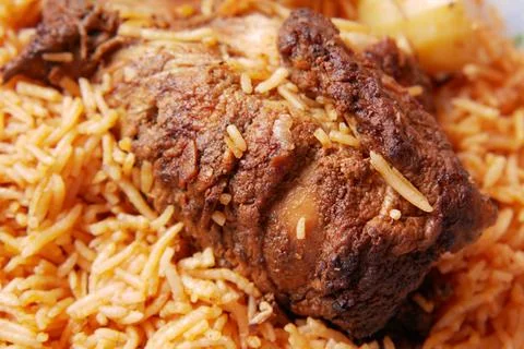 Mutton biryani meal in a plate on table. Stock Photos
