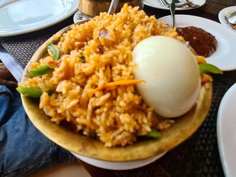 Mutton Biryani with rice, egg, pepper, and delicious spices 스톡 사진