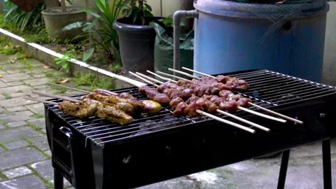 Mutton Satay Roasted on Traditional Grill Stock Footage 201502522