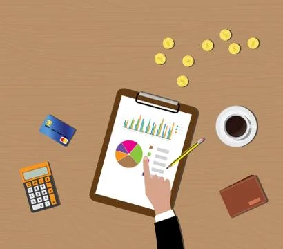 Mutual funds data graph in clipboard with gold coin wallet Illustrazione stock