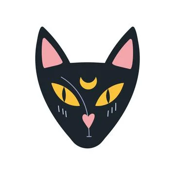 The muzzle of a black cat, an animal of a witch with a moon on her head, ca.. Stock Illustration