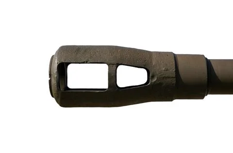 Muzzle brake a device connected to the muzzle of a cannon to reduce recoil and Stock Photos