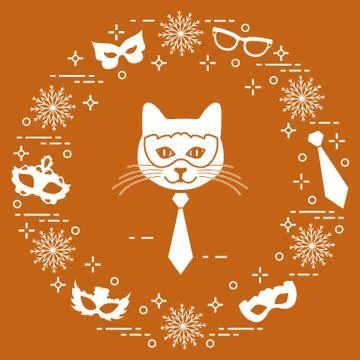 Muzzle of cat and carnival masks, snowflakes, glasses, tie. Carnival festive  Stock Illustration