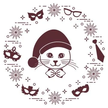 Muzzle of a cat in a Christmas hat and carnival masks, snowflakes, glasses, t Stock Illustration
