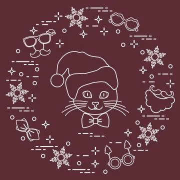 Muzzle of cat in Christmas hat and carnival masks, snowflakes, glasses, bow t Stock Illustration