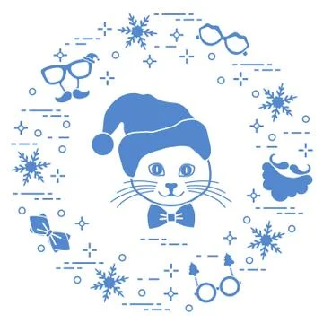 Muzzle of cat in Christmas hat and carnival masks, snowflakes, glasses, bow t Stock Illustration