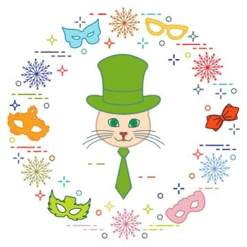 Muzzle of a cat in a cylinder hat and carnival masks, snowflakes, glasses, ti Stock Illustration
