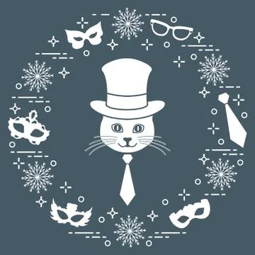 Muzzle of a cat in a cylinder hat and carnival masks, snowflakes, glasses, ti Stock Illustration