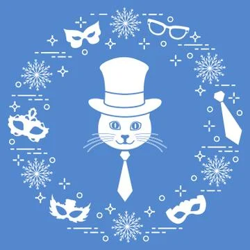 Muzzle of a cat in a cylinder hat and carnival masks, snowflakes, glasses, ti Stock Illustration