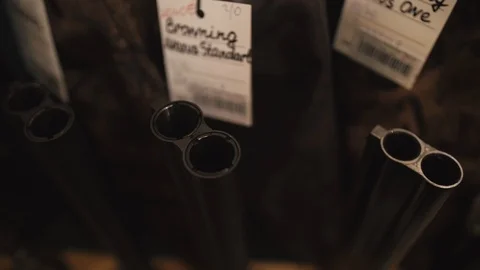 Muzzle of double barreled shotguns pointed - macro shooting. Hunting rifle takes Stock-Footage 98657409
