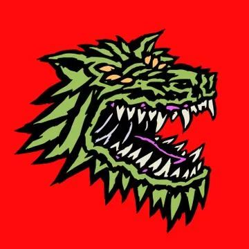 Muzzle of a evil alien wolf monster with open mouth full of fangs. Vector ill Stock Illustration