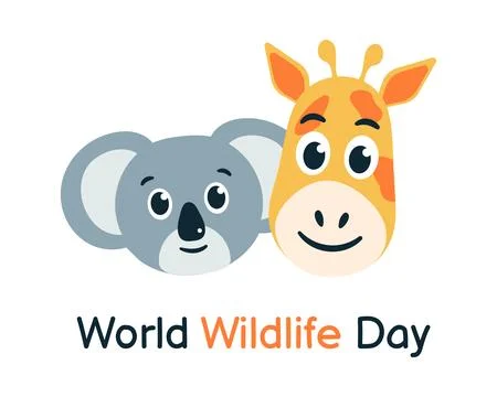 Muzzle of Koala, Giraffe. World Wildlife Day Text. Faces of Cute Wild Animals Stock Illustration