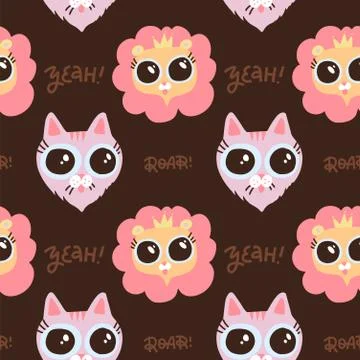 Muzzle of lion and cat. Seamless pattern with faces of animals. Decorative cute Illustrazione stock