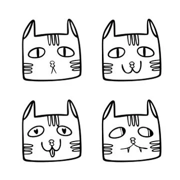 Muzzles of cats with different emotions. Vector illustration in Doodle style. Stock Illustration